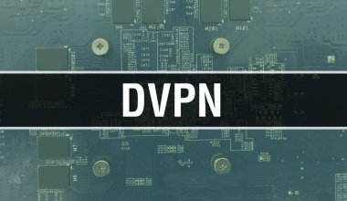 Elektronik Entegre Devre kartlı DVPN konsepti. Bilgisayar Çipi 'nin soyut teknoloji arka planında olduğu DVPN ve Chip entegre bir devrede kapanıyor. DVPN Arkaplanı