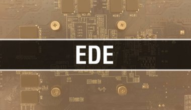 Devre kartında Elektronik Entegre Devre kavramı. Bilgisayar Çipi 'nin soyut teknoloji arka planında olduğu EDE ve Chip entegre bir devrede kapanıyor. EDE Arka Gruplandırması