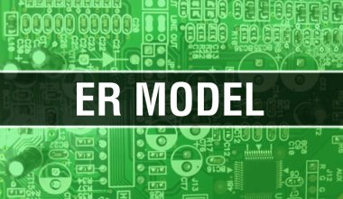 Bilgisayar anakartlı acil servis modeli konsepti. Acil Servis Model metni Teknoloji Anakart Dijital Teknoloji arkaplanı üzerine yazılmış. Baskılı devre kartı olan ER Modeli ve Chip entegre devreleri kapatır