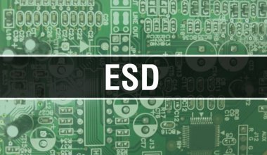 Bilgisayar ana kartında ESD kavramı. Teknoloji anakartının dijital teknolojisi üzerine yazılmış ESD metni. Yazdırılmış devre kartı ile ESD ve Chip entegre devre Backgroun 'u kapatır