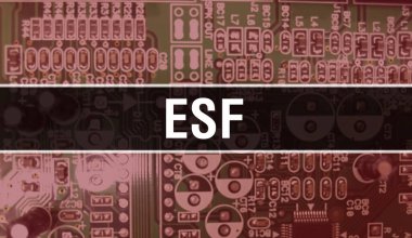 Devre Panosundaki Bilgisayar Çipi kullanılarak ESF konsepti çizimi. ESF entegre devre levha arka planını kapatın. Elektronik Bilgisayar Donanım Teknolojisi Anakart Dijital Çip arka grubunda ESF
