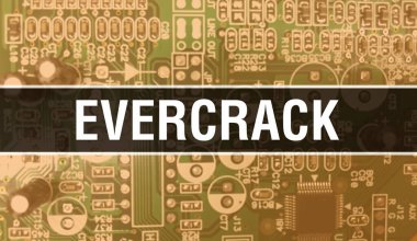 Bilgisayar anakartındaki Evercrack konsepti. Teknoloji anakartının dijital teknolojisi üzerine yazılmış her metin. Yazdırılmış devre kartı olan Evercrack ve Chip entegrasyon üzerine kapanır