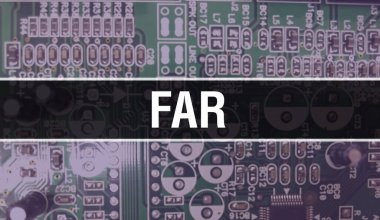 Devre panosundaki bilgisayar çipini kullanarak FAR konsepti çizimi. Entegre devrelerin kapalı devre arkaplanı. Elektronik Bilgisayar Donanım Teknolojisi Anakart Dijital Çip arka grubunda FAR