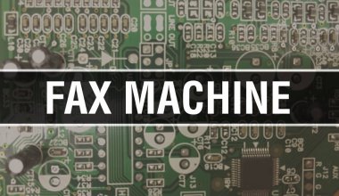 Bilgisayar anakartlı faks makinesi konsepti. Teknoloji anakartının dijital teknolojisi üzerine yazılmış faks makinesi metni. Yazdırılmış devre kartı olan faks makinesi ve Chip o kadar kapatın