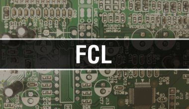 Bilgisayar anakartlı FCL konsepti. Teknoloji anakartının dijital teknolojisi üzerine yazılmış FCL metni. Yazdırılmış devre kartı olan FCL ve Chip entegre devre Backgroun 'u kapatır