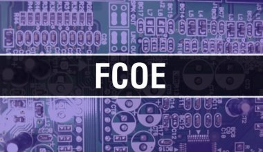 FCoE konsept illüstrasyonunda devre panosundaki bilgisayar çipi kullanılıyor. FCoE entegre devre levha arka planını kapatın. Elektronik Bilgisayar Donanım Teknolojisi Anakart Dijital Chi üzerine FCoE