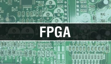 FPGA with Electronic components on integrated circuit board Background.Digital Electronic Computer Hardware and Secure Data Concept. Computer motherboard and FPGA. FPGA Integrated Circuits Boar clipart