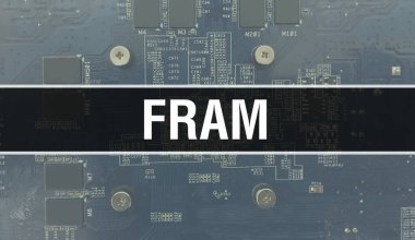 Elektronik Entegre Devre kartlı FRAM konsepti. Bilgisayar Çipi 'nin soyut teknoloji arka planında olduğu FRAM ve Chip entegre bir devrede kapanıyor. FRAM Arka Gruplandırması