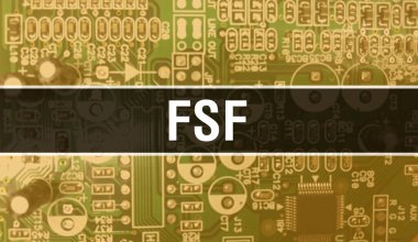 Bilgisayar anakartlı FSF konsepti. Teknoloji anakartının dijital teknolojisi üzerine yazılmış FSF metni. Yazdırılmış devre kartı ile FSF ve Chip entegre devre Backgroun 'u kapatır