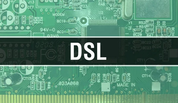 回路基板上に書かれたDslテキストソフトウェア開発者とコンピュータスクリプトの電子抽象技術の背景 集積回路のDsl概念 Dsl集積回路と抵抗 — ストック写真