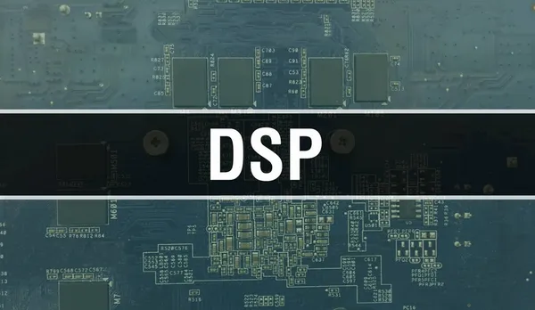 回路基板上のコンピュータチップを用いたDspコンセプトイラスト Dspは集積回路基板のバックグラウンドを閉じます Dsp Electronic Computer Hardware Technologyマザーボードデジタルチップの背景 — ストック写真