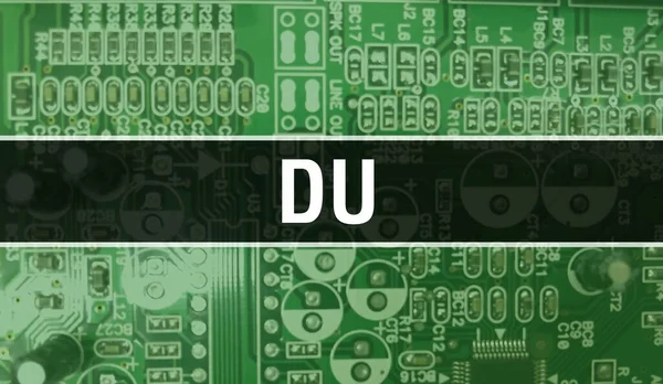 Du的概念与电子集成电路在电路板上 Du与计算机芯片在电路板抽象技术背景和芯片在集成电路上的密切关系 Background Concep — 图库照片