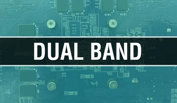 Dual Band concept with Computer motherboard. Dual Band text written on Technology Motherboard Digital technology background. Dual Band with printed circuit board and Chip close up on integrate