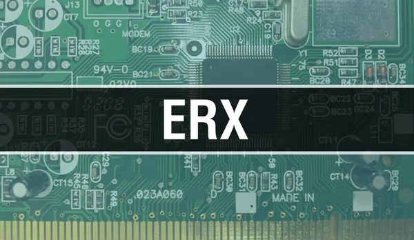 具有电子计算机硬件技术背景的Erx 具有电子集成电路和Erx的背景 电子电路板 Erx与计算机集成电路板 — 图库照片