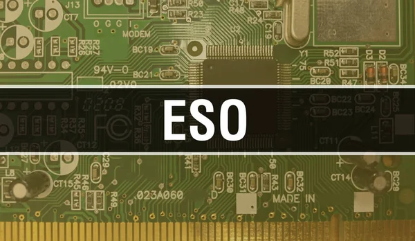 電子計算機ハードウェア技術の背景を持つEso 電子集積回路とEsoを用いたアブストラクト背景 電子回路基板 Eso Computer Integrated Circuit Boar — ストック写真