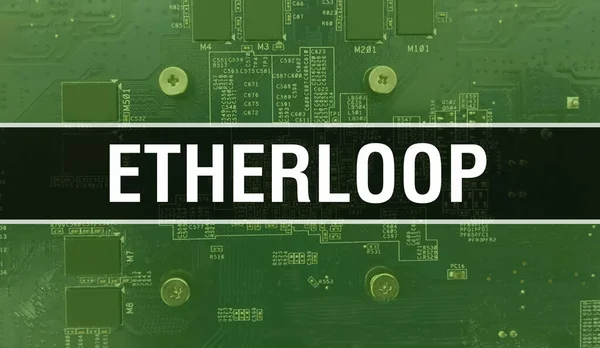 回路基板上の電子集積回路とEtherloopの概念 Etherloop Computer Chip Circuit Board抽象技術の背景とチップを集積回路上で閉じます — ストック写真