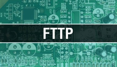 Yazılım geliştiricisinin ve bilgisayar yazılımının elektronik soyut teknoloji arka planında yazılmış FTTP metni. FTTP entegre devre kavramı. FTTP entegre devre ve direnç