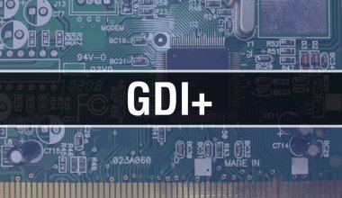 GDI + ve elektronik bilgisayar donanımı teknolojisi geçmişi. Elektronik Entegre Devre ve GDI + ile soyut arkaplan. Elektronik Devre Kurulu. Bilgisayar Entegre Devre Domuzu ile GDI +