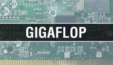 Elektronik Bilgisayar Donanım Teknolojisi geçmişi olan Gigaflop. Elektronik Entegre Devre ve Gigaflop ile soyut bir arkaplan. Elektronik Devre Kurulu. Bilgisayar Entegrasyonu ile Gigaflop