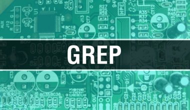 Yazılım geliştiricisi ve bilgisayar yazılımının elektronik soyut teknoloji arka planında Grep metni yazıldı. Grep Entegre Devre kavramı. Grep entegre devre ve direnç