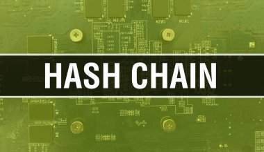 Elektronik Entegre Devre kartlı Hash Chain konsepti. Bilgisayar Çipli Hash Chain soyut teknoloji arka planında ve Chip entegre bir devrede kapanıyor. Öyle.