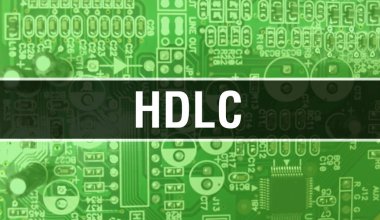Bilgisayar ana kartıyla HDLC konsepti. Teknoloji Anakart Dijital Teknolojisi üzerine yazılmış HDLC metni. Yazdırılmış devre kartı ile HDLC ve Chip entegre devre Backgroun 'u kapatır
