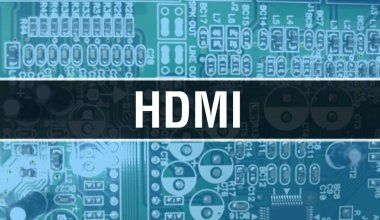 Devre Panosundaki Bilgisayar Çipi kullanarak HDMI konsepti çizimi. HDMI entegre devre kartı arka planını kapat. Elektronik Bilgisayar Donanım Teknolojisi Anakart Dijital Chi üzerine HDMI