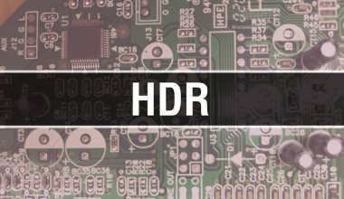 Devre Tahtası Elektronik soyut teknoloji arka planında yazılan HDR metni yazılım geliştiricisi ve Bilgisayar betiği. HDR entegre devreler konsepti. HDR entegre devre ve direnç