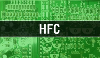 Devre Panosundaki Bilgisayar Çipi kullanılarak HFC konsepti illüstrasyonu. Entegre devre paneli arka planının HFC 'si kapatıldı. Elektronik Bilgisayar Donanım Teknolojisi Anakart Dijital Çip arka grubunda HFC
