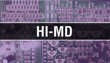 Devre panosundaki bilgisayar çipini kullanarak Hi-MD tasviri. Entegre devre levha arkaplanının Hi-MD 'si. Elektronik Bilgisayar Donanım Teknolojisi Anakart Dijital Chi üzerine Hi-MD