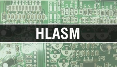 Devre Panosundaki Bilgisayar Çipini kullanarak HLASM konsept illüstrasyonu. HLASM entegre devre levha arkaplanını kapat. Elektronik Bilgisayar Donanım Teknolojisi Anakart Dijital Chi üzerine HLASM