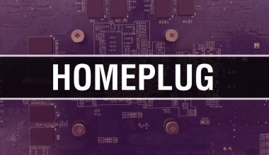 Devre kartında Elektronik Entegre Devre ile HomePlug konsepti. Bilgisayar çipli HomePlug soyut teknoloji arka planında ve Chip entegre devrede kapanıyor. Ev Mavisi