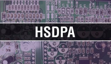 Devre Panosundaki Bilgisayar Çipi kullanılarak HSDPA konsept illüstrasyonu. HSDPA entegre devre kartı arka planını kapatın. Elektronik Bilgisayar Donanım Teknolojisi Anakart Dijital Chi üzerine HSDPA