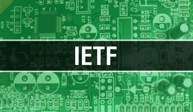Devre Panosundaki Bilgisayar Çipi kullanarak IETF konsepti çizimi. IETF, entegre devre levha arka planını kapatın. Elektronik Bilgisayar Donanım Teknolojisi Anakart Dijital Chi üzerine IETF