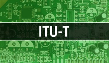 Devre panosundaki bilgisayar çipini kullanarak ITU-T konsept illüstrasyonu. ITU-T entegre devre levha arka planını kapat. Elektronik Bilgisayar Donanım Teknolojisi Anakart Dijital Chi üzerine ITU-T