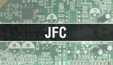 JFC konsept illüstrasyonunda Devre Panosundaki Bilgisayar Çipi kullanılıyor. JFC entegre devre levha arka planını kapat. JFC: Elektronik Bilgisayar Donanım Teknolojisi Anakart Dijital Çip arka grubu