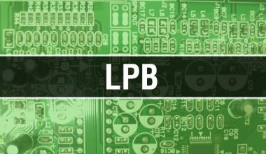 Bilgisayar anakartlı LPB konsepti. Teknoloji anakartının dijital teknolojisi üzerine LPB metni. Yazdırılmış devre kartı olan LPB ve Chip entegre devre Backgroun 'u kapatır