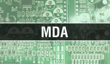 Yazılım geliştiricisi ve bilgisayar yazılımının elektronik soyut teknoloji arka planında yazılmış MDA metni. MDA entegre devreler konsepti. MDA entegre devre ve direnç