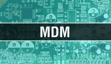 Devre Panosundaki Bilgisayar Çipi 'ni kullanarak MDM konsepti çizimi. MDM, entegre devre levha arkaplanını kapat. Elektronik Bilgisayar Donanım Teknolojisi Anakart Dijital Çip arka grubunda MDM