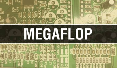 Yazılım geliştiricisinin ve bilgisayar yazılımının elektronik soyut teknoloji arka planında yazılan Megaflop metni. Megaflop Entegre Devre kavramı. Megaflop entegre devre bir