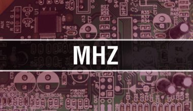 Devre Panosundaki Bilgisayar Çipi kullanarak MHz konsepti çizimi. MHz entegre devre paneli arkaplanını kapat. Elektronik Bilgisayar Donanım Teknolojisi Anakart Dijital Çip arka grubunda MHz
