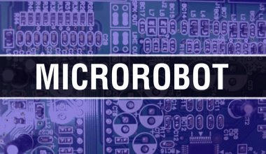 Bilgisayar anakartlı mikro robot konsepti. Teknoloji anakartının dijital teknolojisi üzerine yazılmış mikro robot metni. Yazılı devre kartı olan mikrorobot ve Chip entegre etme üzerine kapatın