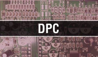 Devre kartında Elektronik Entegre Devre ile DPC konsepti. Bilgisayar Çipi 'nin soyut teknoloji arka planında olduğu DPC ve Chip entegre bir devrede kapanıyor. DPC Arka Gruplandırması