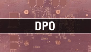 Bilgisayar anakart ile DPO kavramı. Teknoloji anakartının dijital teknolojisi üzerine yazılmış DPO metni. Yazdırılmış devre kartı ile DPO ve Chip entegre devre Backgroun üzerinde kapatın