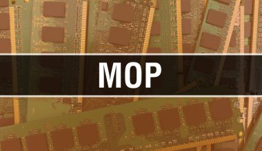 Elektronik Bilgisayar Donanım Teknolojisi geçmişi olan bir MOP. Elektronik Entegre Devre ve MOP ile soyut bir arkaplan. Elektronik Devre Kurulu. Bilgisayar Entegre Devre Domuzu ile MOP