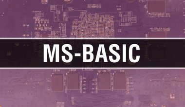 Devre Panosundaki Bilgisayar Çipi kullanılarak MS-BASIC konsept illüstrasyonu. MS-BASIC entegre devre kartı arka planını kapatın. Elektronik Bilgisayar Donanım Teknolojisi Anakart Digita üzerine MS-BASIC