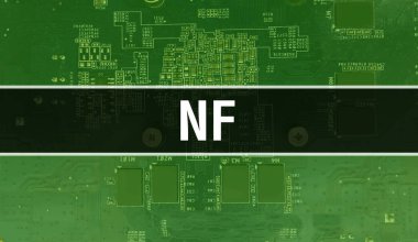 Bilgisayar anakart ile NF kavramı. Teknoloji anakartının dijital teknolojisi üzerine yazılmış NF metni. Yazdırılmış devre kartlı NF ve Entegre devre Backgroun 'da Chip kapat
