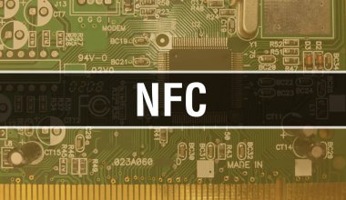 Devre Panosundaki Bilgisayar Çipi kullanılarak NFC konsept illüstrasyonu. NFC, entegre devre levha arkaplanını kapat. NFC: Elektronik Bilgisayar Donanım Teknolojisi Anakart Dijital Çip arka grubu