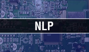 Yazılım geliştiricisi ve bilgisayar yazılımının elektronik soyut teknoloji arka planında yazılmış NLP metni. NLP entegre devreler konsepti. NLP entegre devre ve direnç