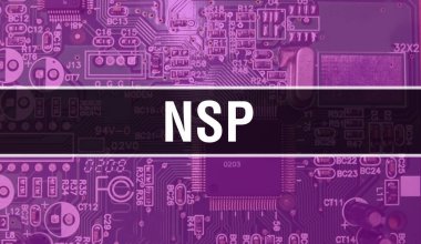 Devre Panosundaki Bilgisayar Çipi kullanılarak NSP konsepti çizimi. NSP, entegre devre levha arkaplanını kapat. Elektronik Bilgisayar Donanım Teknolojisi Anakart Dijital Çip arka grubunda NSP